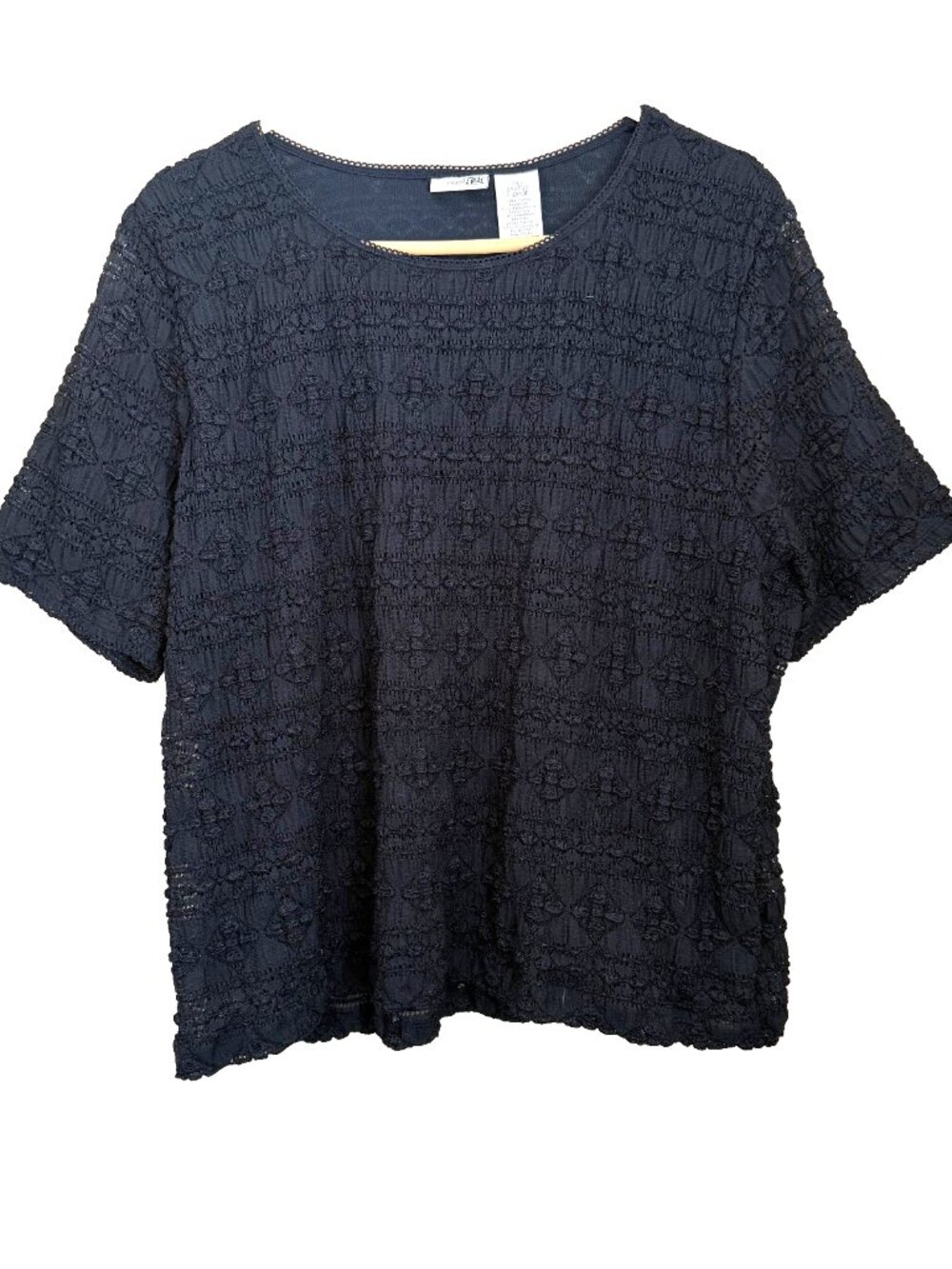 East 5th Textured Crinkle Knit Black Top 2X Short Slv Scoop Stretch Whimsigoth